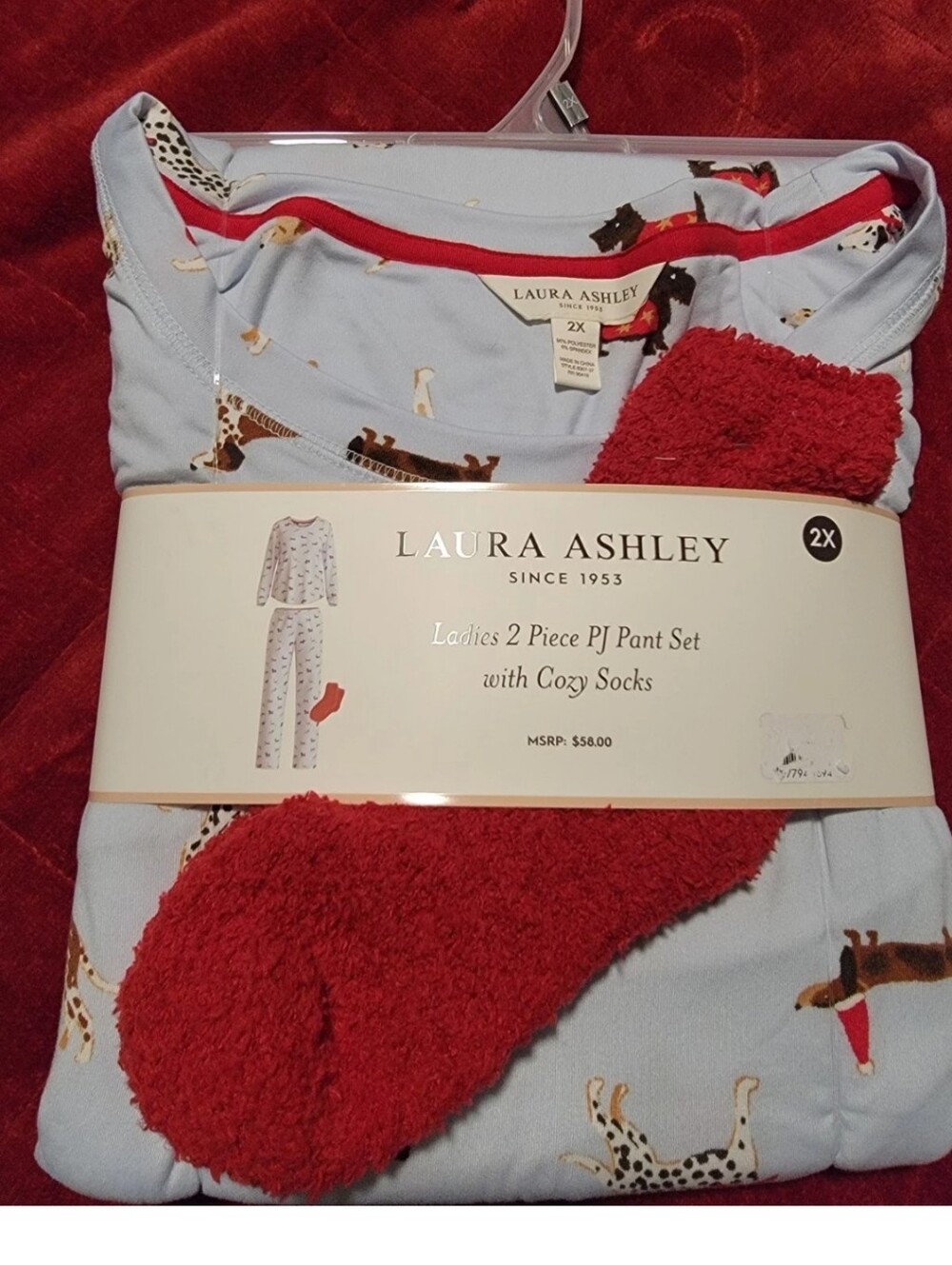 Laura Ashley Light Blue Dog Print Pajama Set with Red Cozy Socks